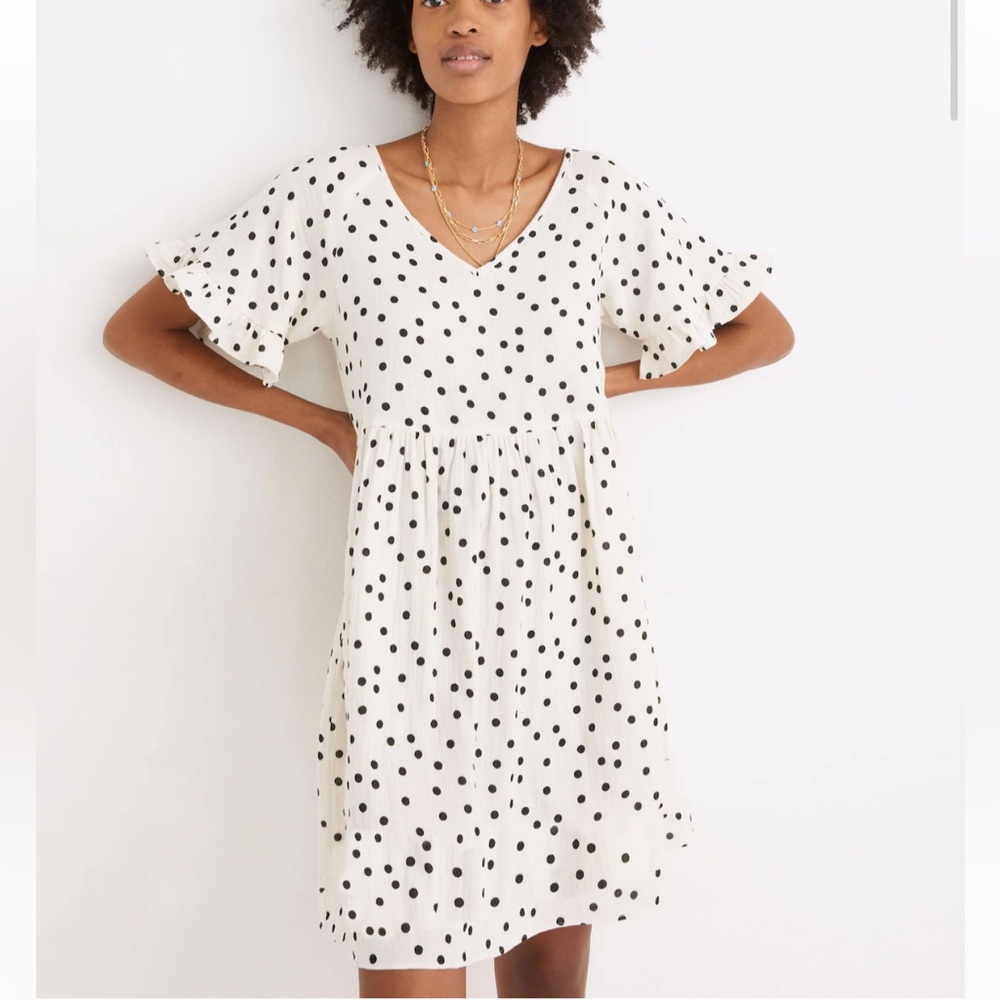 New Madewell black and white polka dot lightspun ruffle sleeve babydoll dress